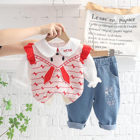 Cute Little Rabbit Sweater Vest Three Piece Set Baby Girl Lapel Shirt Long Sleeve Set